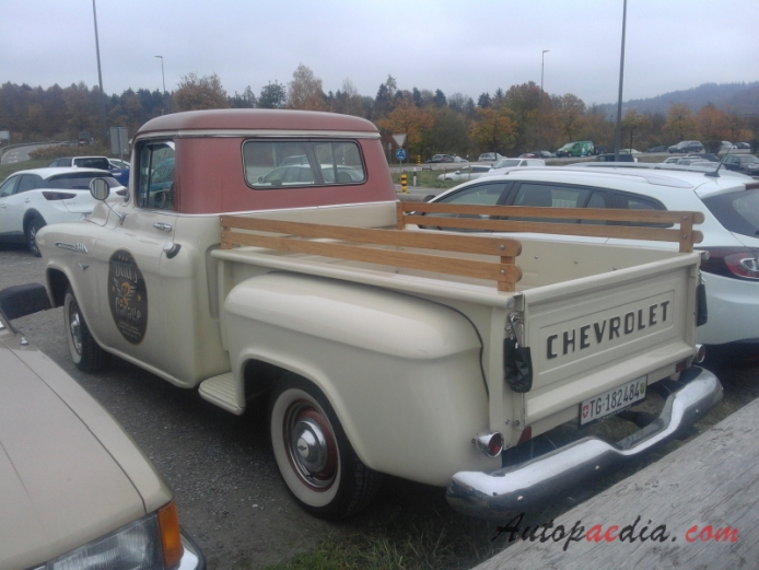 Chevrolet Task Force 1955-1959 (1956 Chevrolet 3100 pickup 2d),  left rear view