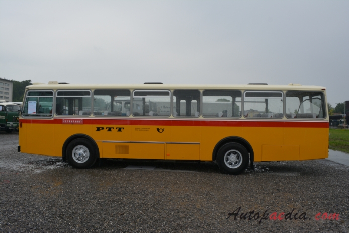 Saurer bus Type D 1959-1973 (1972 Saurer 3DUK 50L D1KU Tüscher Postauto PTT P24632 Omnibus IV-U Fridolin Zimmermann Niederwangen), left side view