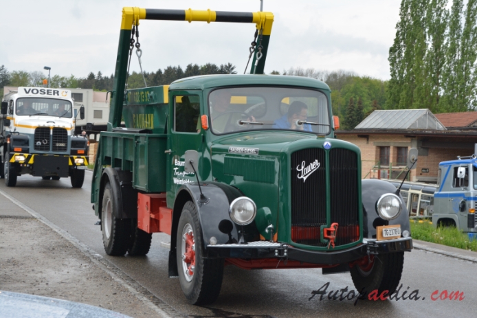 Saurer type C 1934-1965 (1958 Saurer S4C Baumann Transporte Weinfelden 4x2 roll off dumpster), right front view