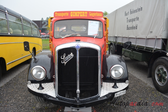Saurer type C 1934-1965 (1964 Saurer SV2C CT4D Markus Gimpert Autotransporte 4x2 flatbed truck), front view