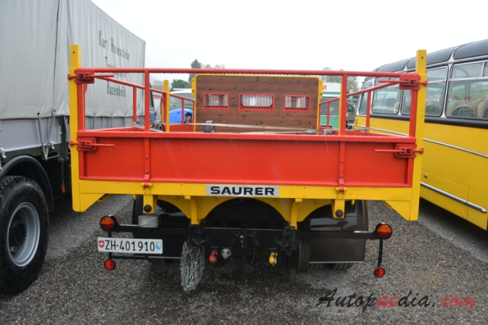 Saurer type C 1934-1965 (1964 Saurer SV2C CT4D Markus Gimpert Autotransporte 4x2 flatbed truck), rear view