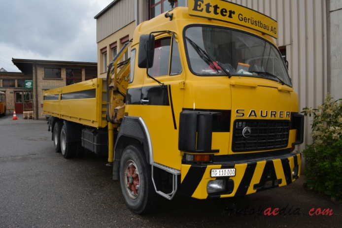 Saurer type D 1959-1983 (1978-1983 Saurer D330B Etter Gerüstbau AG 6x2 flatbed truck), right front view