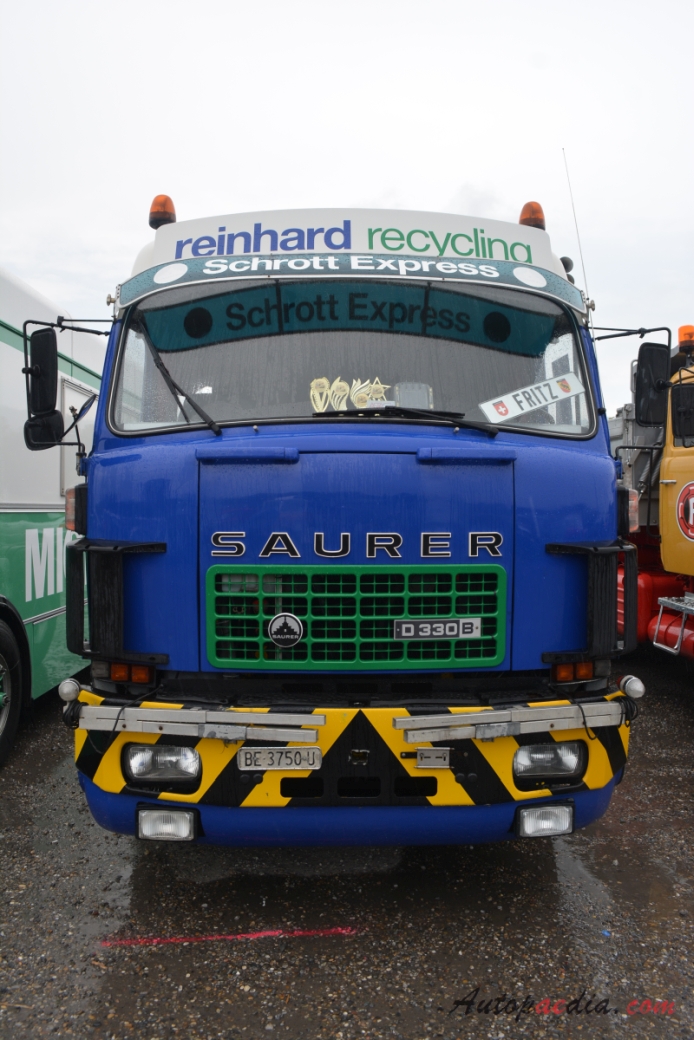 Saurer type D 1959-1983 (1980 Saurer D330B D4KT reinhard recycling Bigenthal 6x2G semi truck), front view
